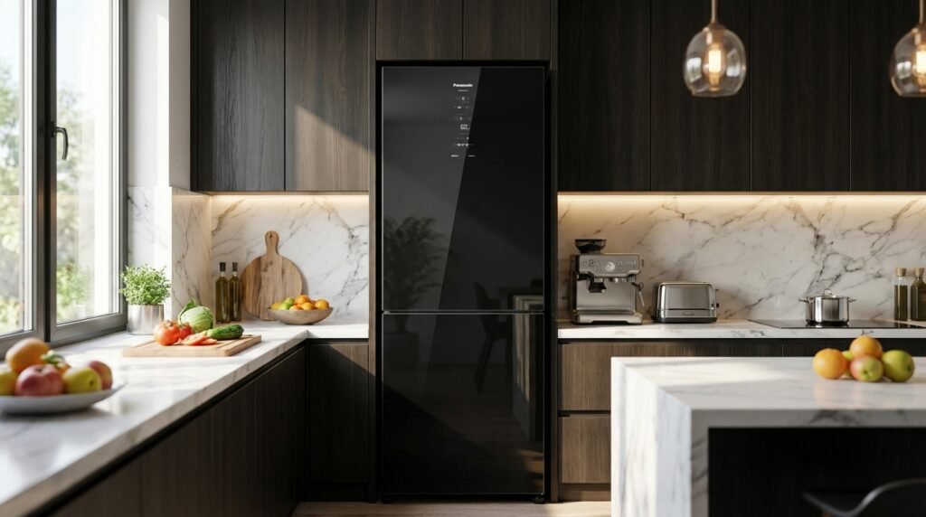 Melhor Geladeira Inverse Panasonic BB65 Black Glass em cozinha moderna, eficiente A+++ Inverter 450L