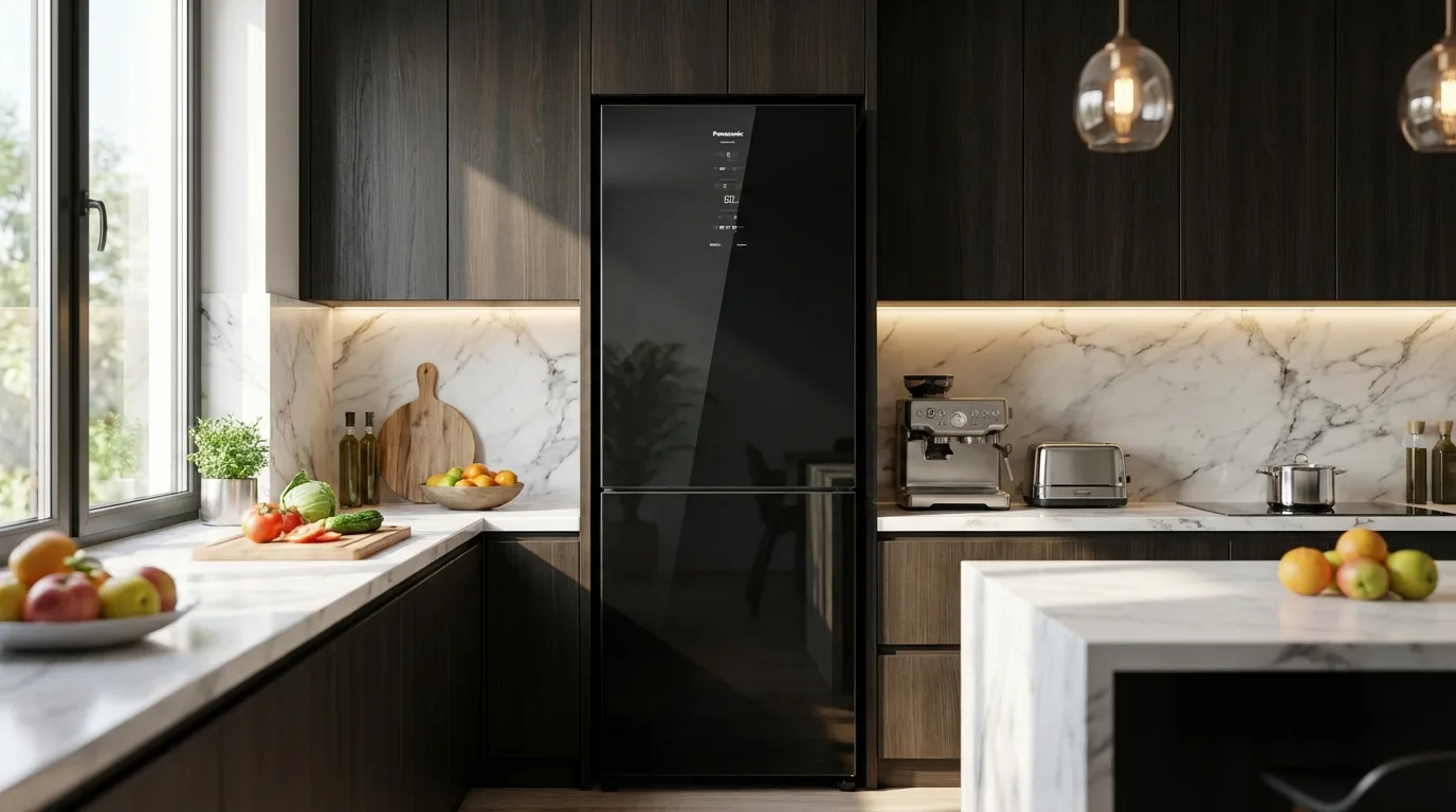 Melhor Geladeira Inverse Panasonic BB65 Black Glass em cozinha moderna, eficiente A+++ Inverter 450L