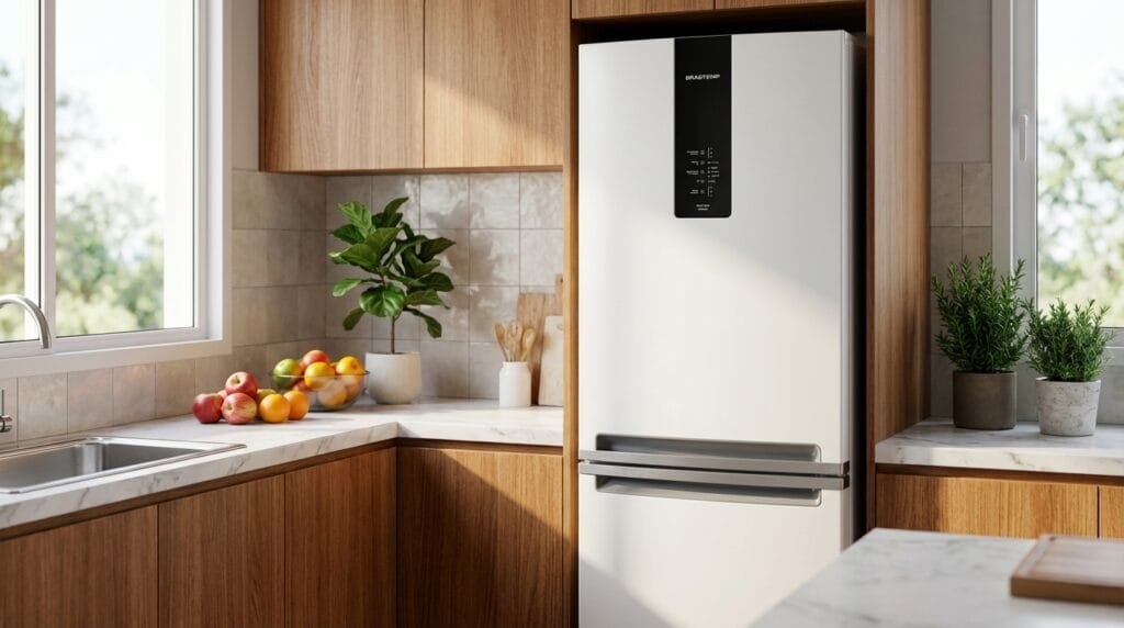 Geladeira Brastemp BRE57FB frost free inverse branca em cozinha moderna
