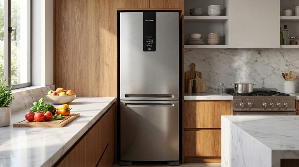 Geladeira Brastemp Bre57fk inox inverse 447L em cozinha moderna - vista frontal portas fechadas