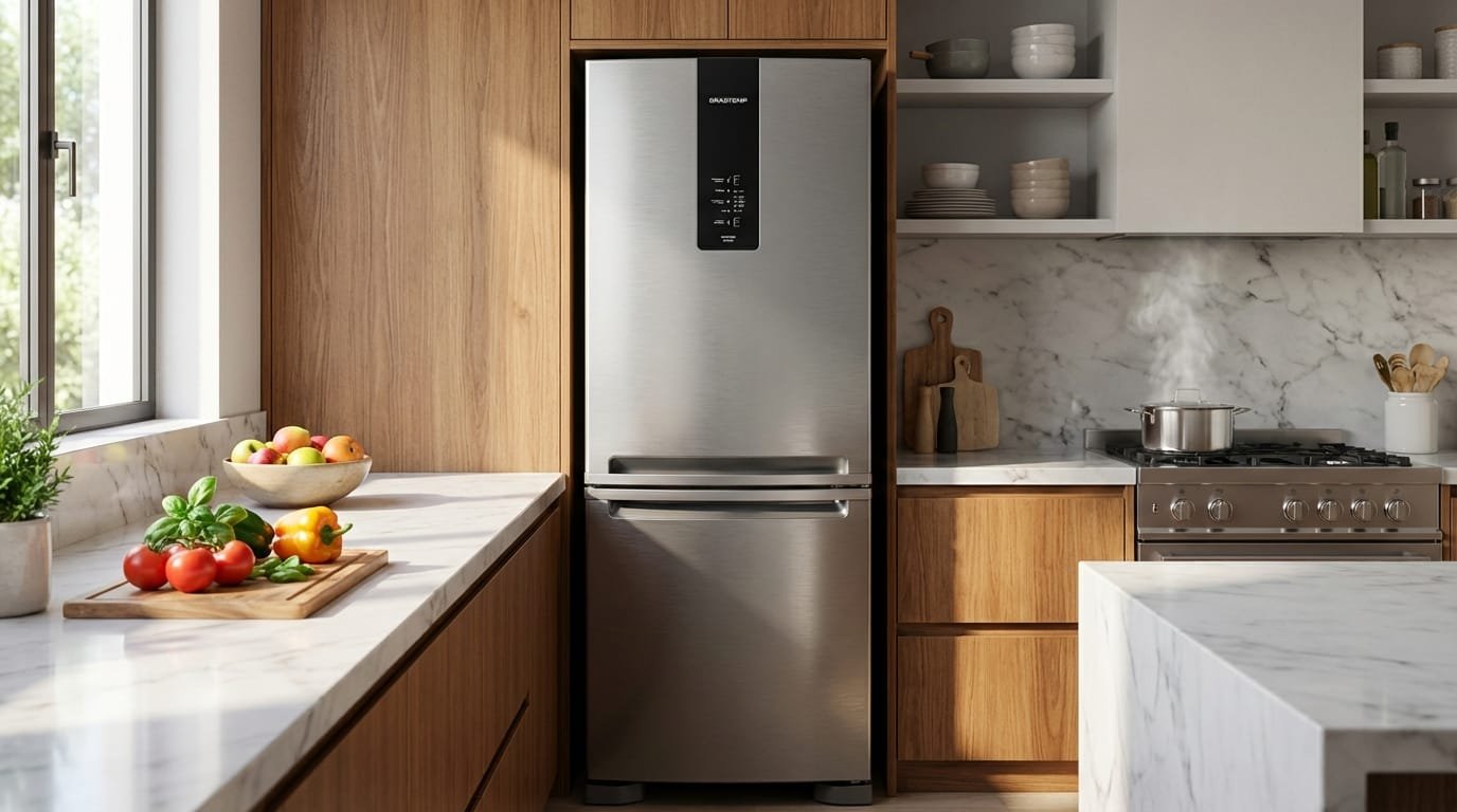 Geladeira Brastemp Bre57fk inox inverse 447L em cozinha moderna - vista frontal portas fechadas