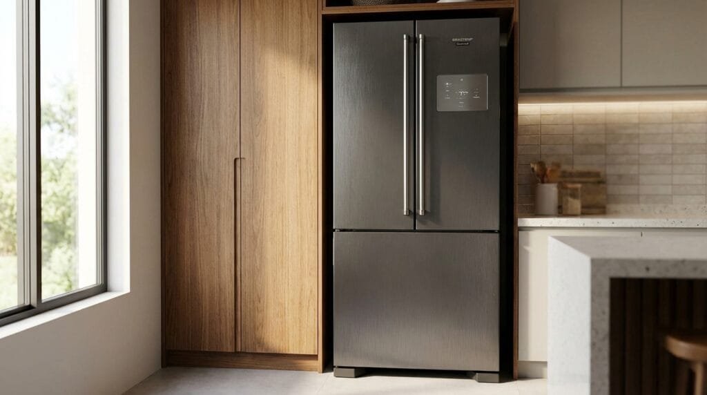 Geladeira Brastemp BRH86AR em cozinha moderna com portas fechadas e dispenser visível