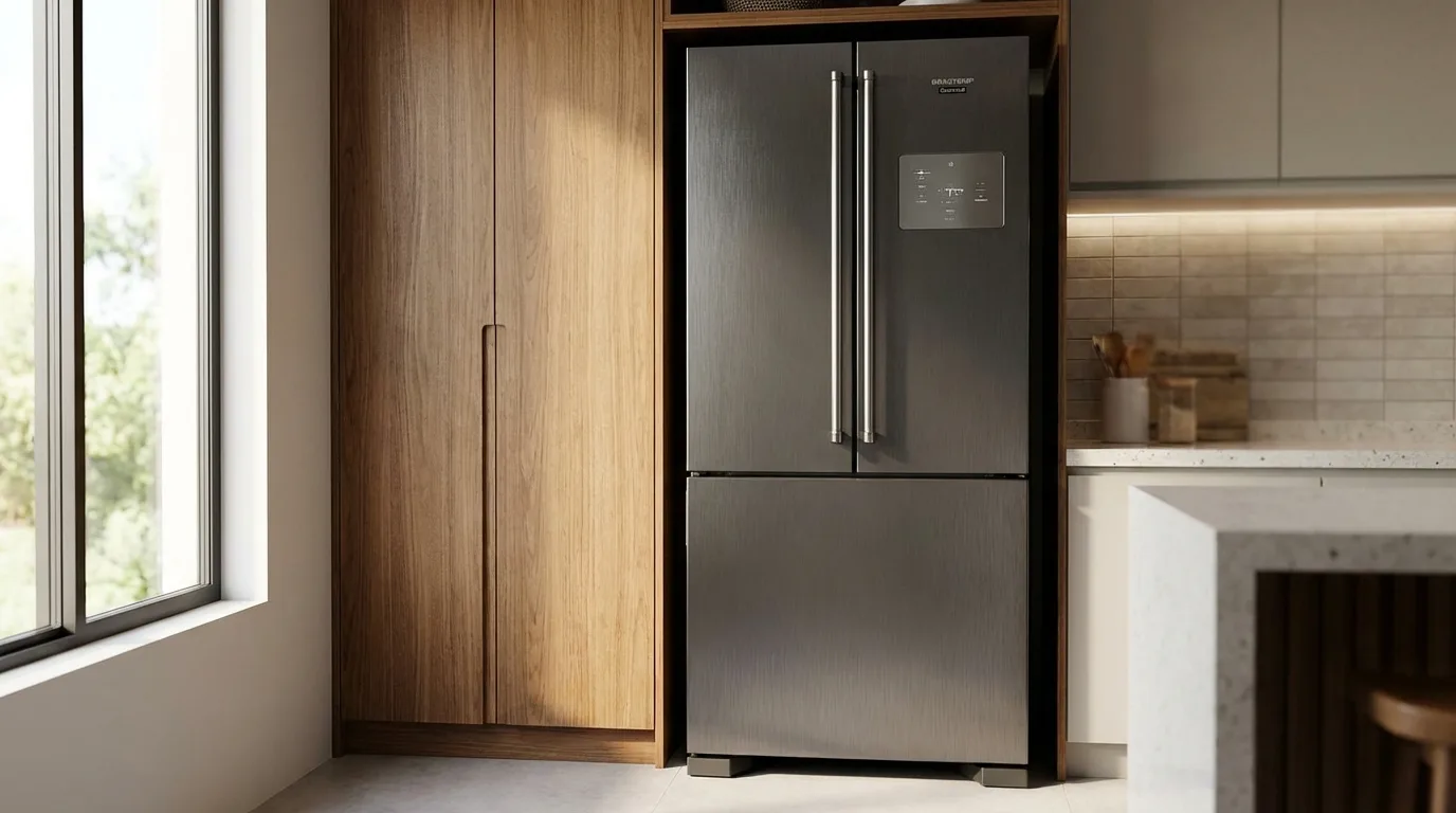 Geladeira Brastemp BRH86AR em cozinha moderna com portas fechadas e dispenser visível