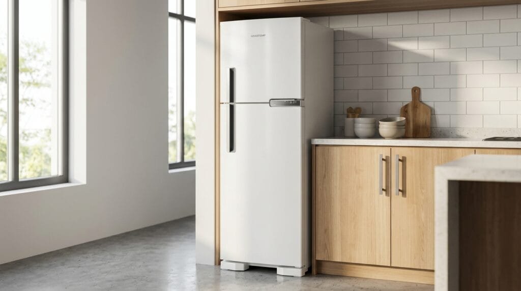 Geladeira Brastemp BRM44HBANA frost free 375L em cozinha moderna ao lado do armário