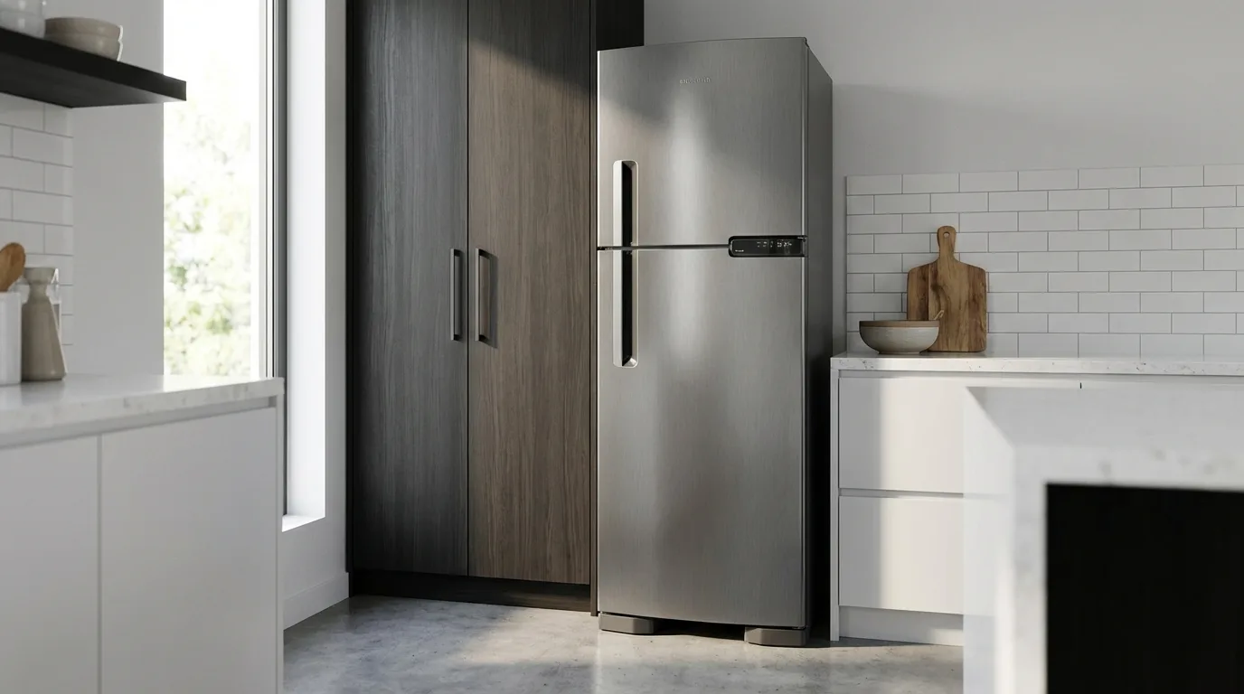 Geladeira Brastemp BRM44HK inox frost free em cozinha moderna ao lado do armário