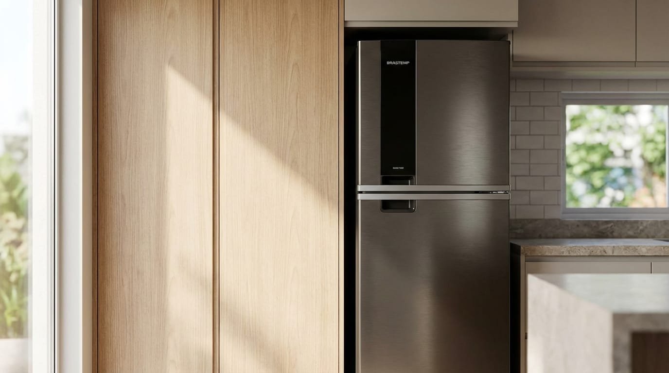 Geladeira Brastemp BRM55FE em cozinha moderna com portas fechadas e acabamento Black Inox