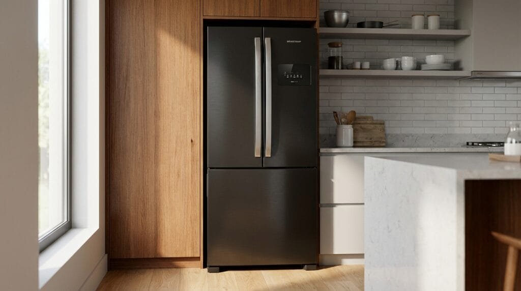 Geladeira Brastemp BRO85ME frost free 3 portas preta em cozinha moderna