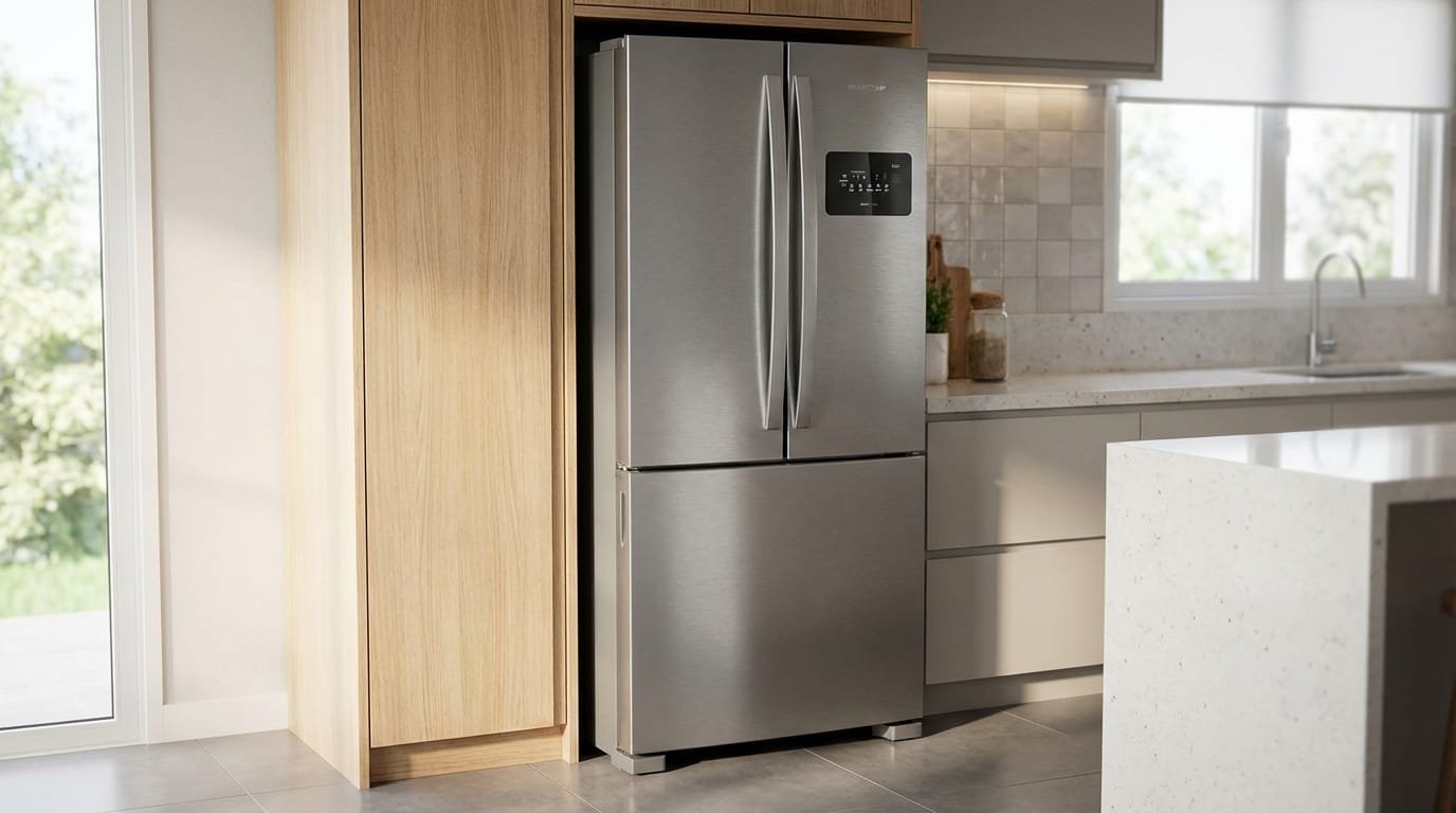 Geladeira Brastemp BRO85MK em cozinha moderna com portas French Door inox fechadas.