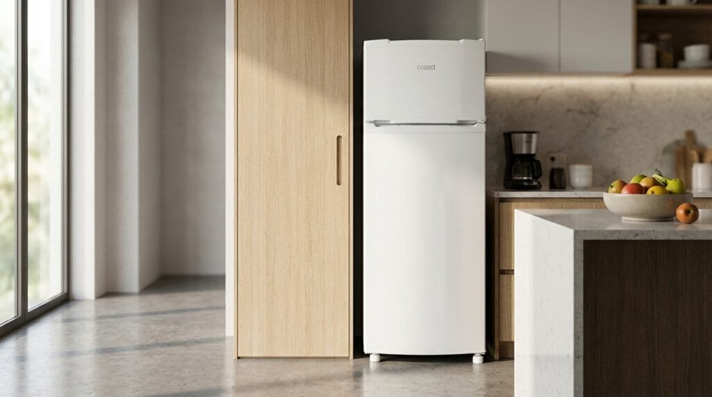 Geladeira Consul CRD37EB em cozinha moderna com portas fechadas e prateleiras visíveis