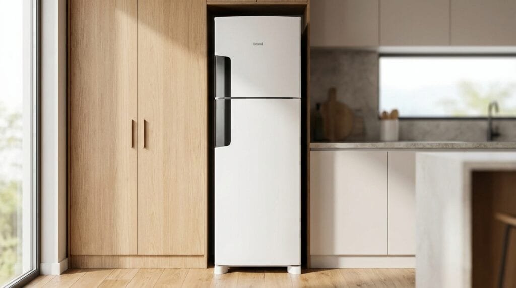 Geladeira Consul CRM44MB em cozinha moderna ao lado do armário - frost free branco duplex