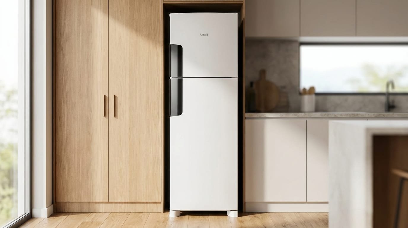 Geladeira Consul CRM44MB em cozinha moderna ao lado do armário - frost free branco duplex