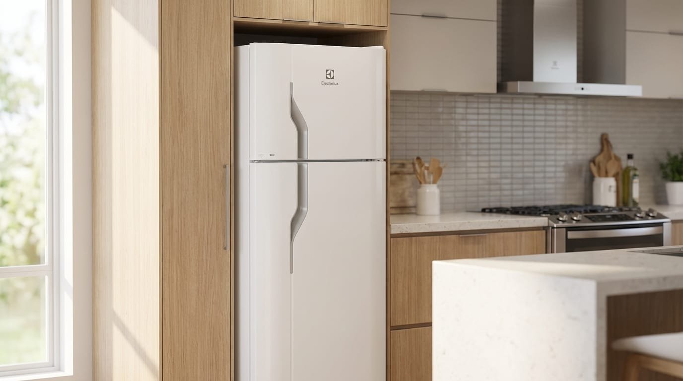 Geladeira Electrolux DC35A duplex branca em cozinha moderna ao lado do armário