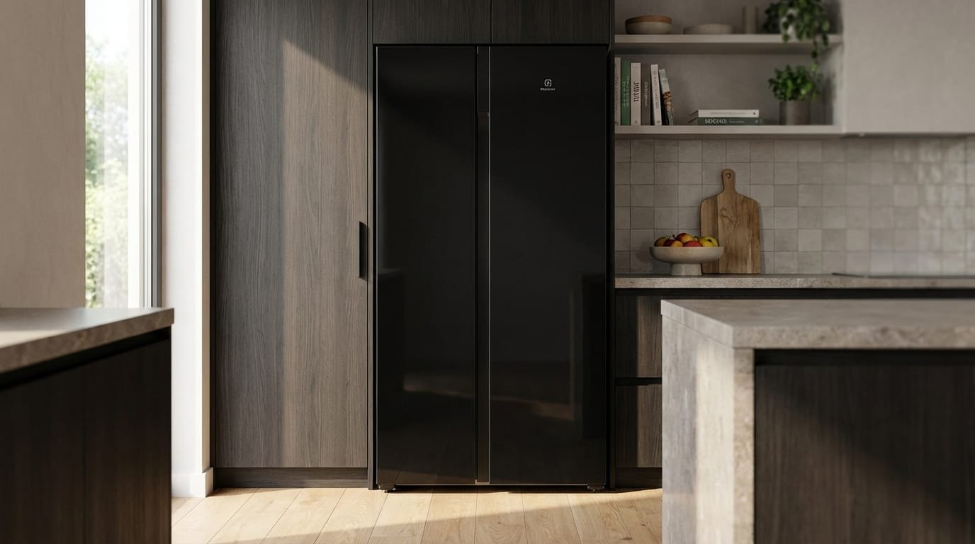 Geladeira Electrolux ES5GB side by side em cozinha moderna com portas fechadas