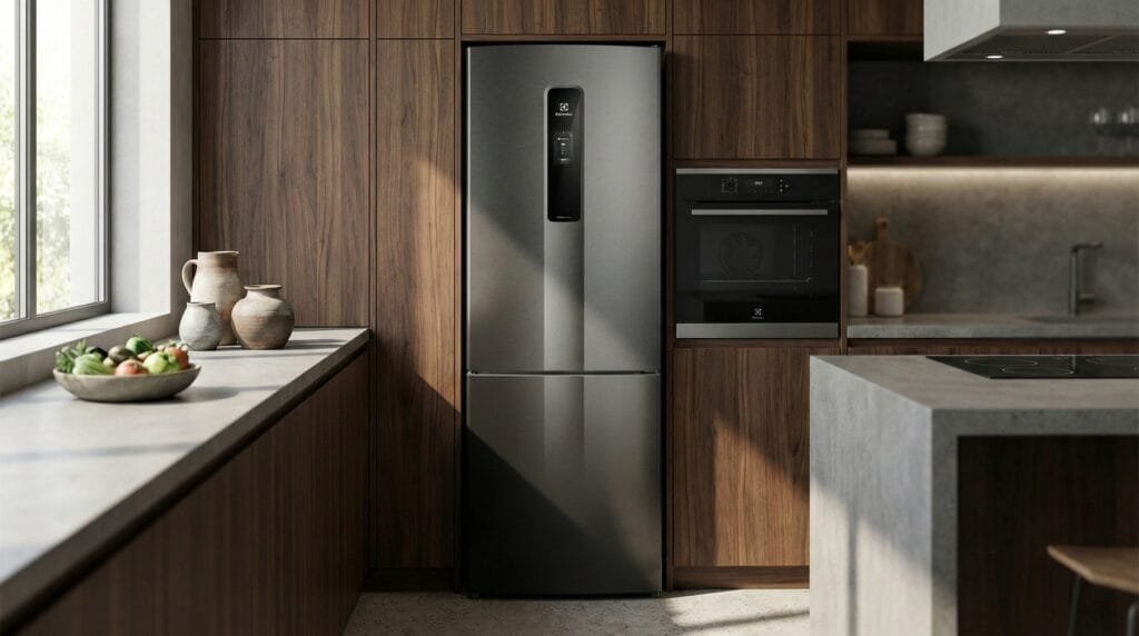 Geladeira Electrolux IB6B - frost free inverse em cozinha moderna com prateleiras ajustáveis