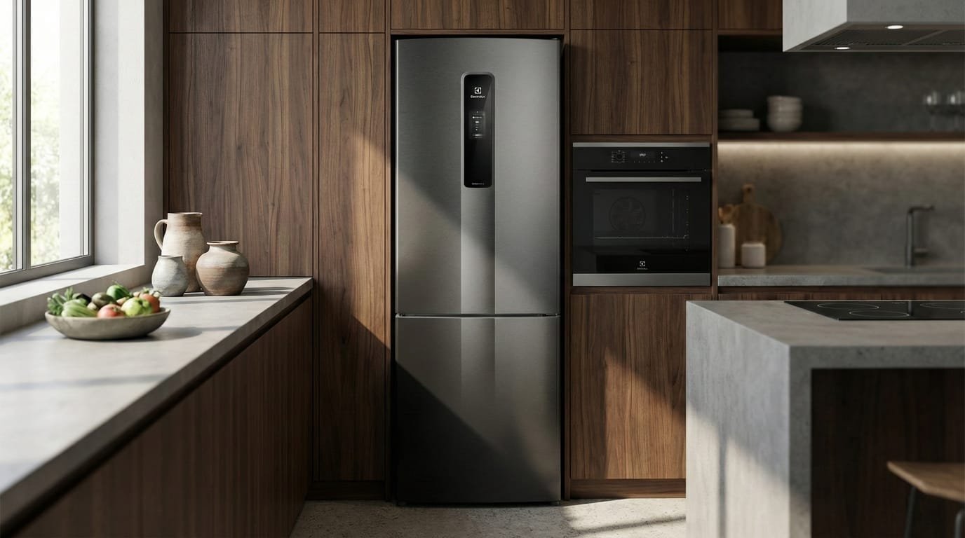 Geladeira Electrolux IB6B - frost free inverse em cozinha moderna com prateleiras ajustáveis