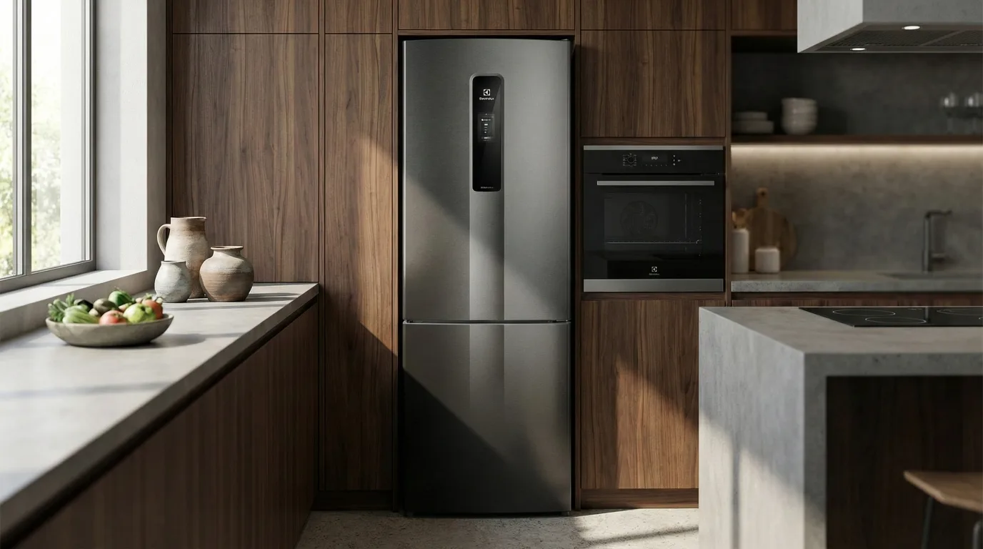 Geladeira Electrolux IB6B - frost free inverse em cozinha moderna com prateleiras ajustáveis