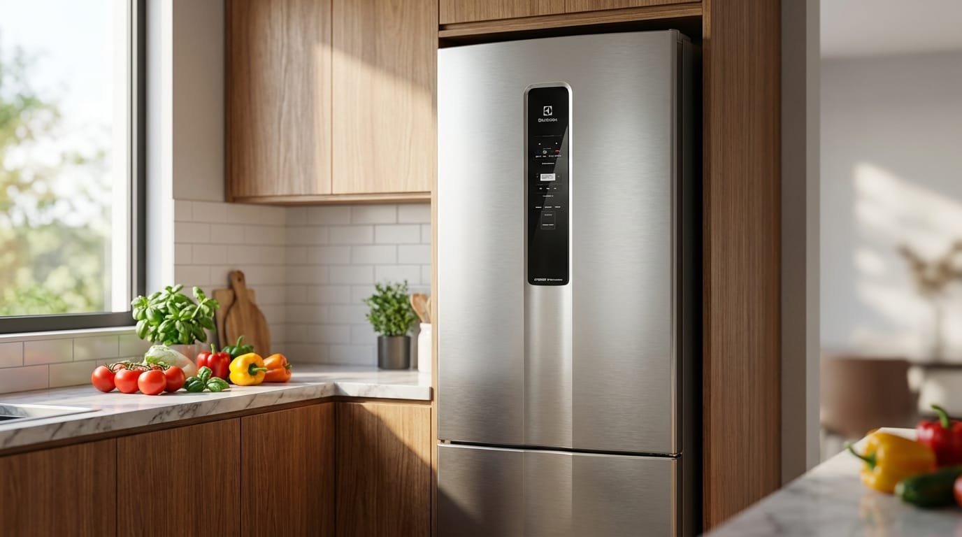 Geladeira Electrolux IB7S inox frost free em cozinha moderna com freezer inferior