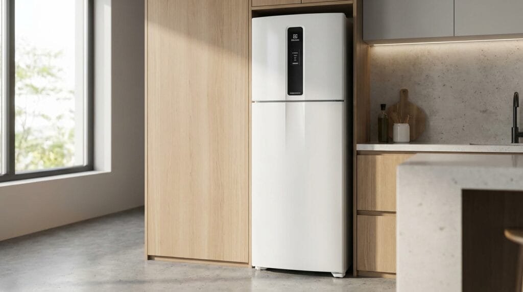 Geladeira Electrolux IF43 em cozinha moderna com portas fechadas