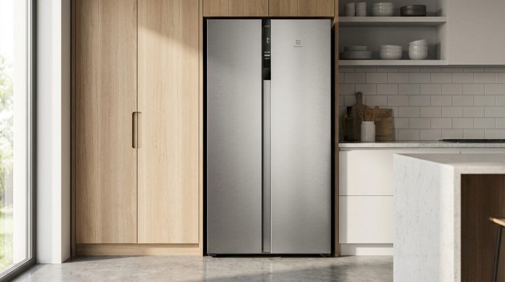 Geladeira Electrolux IS4S side by side inox em cozinha moderna com portas fechadas