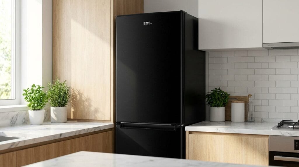 Geladeira EOS ERV260IDP 220V duplex inverse preta em cozinha compacta moderna