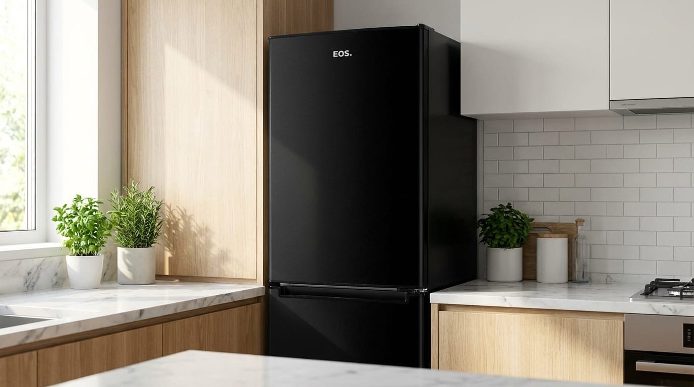 Geladeira EOS ERV260IDP 220V duplex inverse preta em cozinha compacta moderna