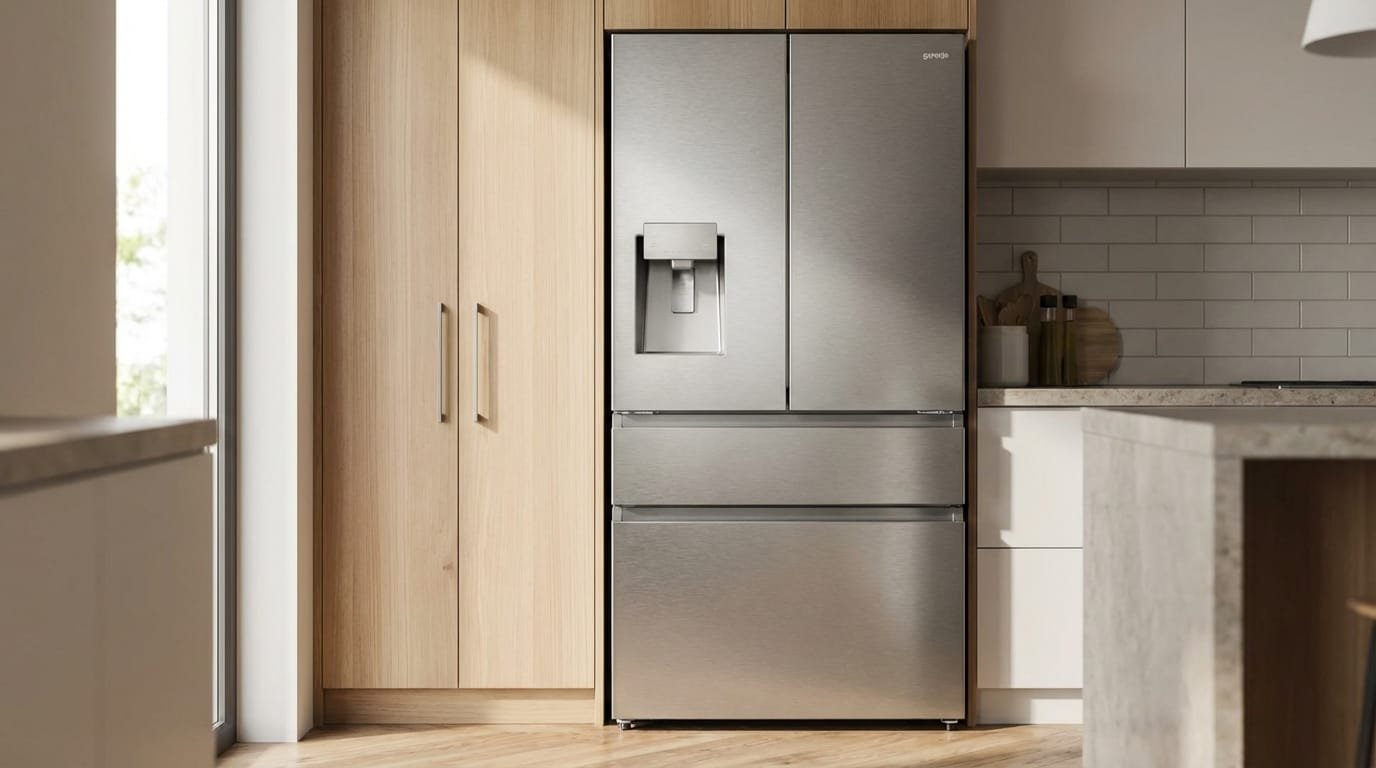 Geladeira Gorenje GRF-49W em cozinha moderna com portas francesas inversas fechadas