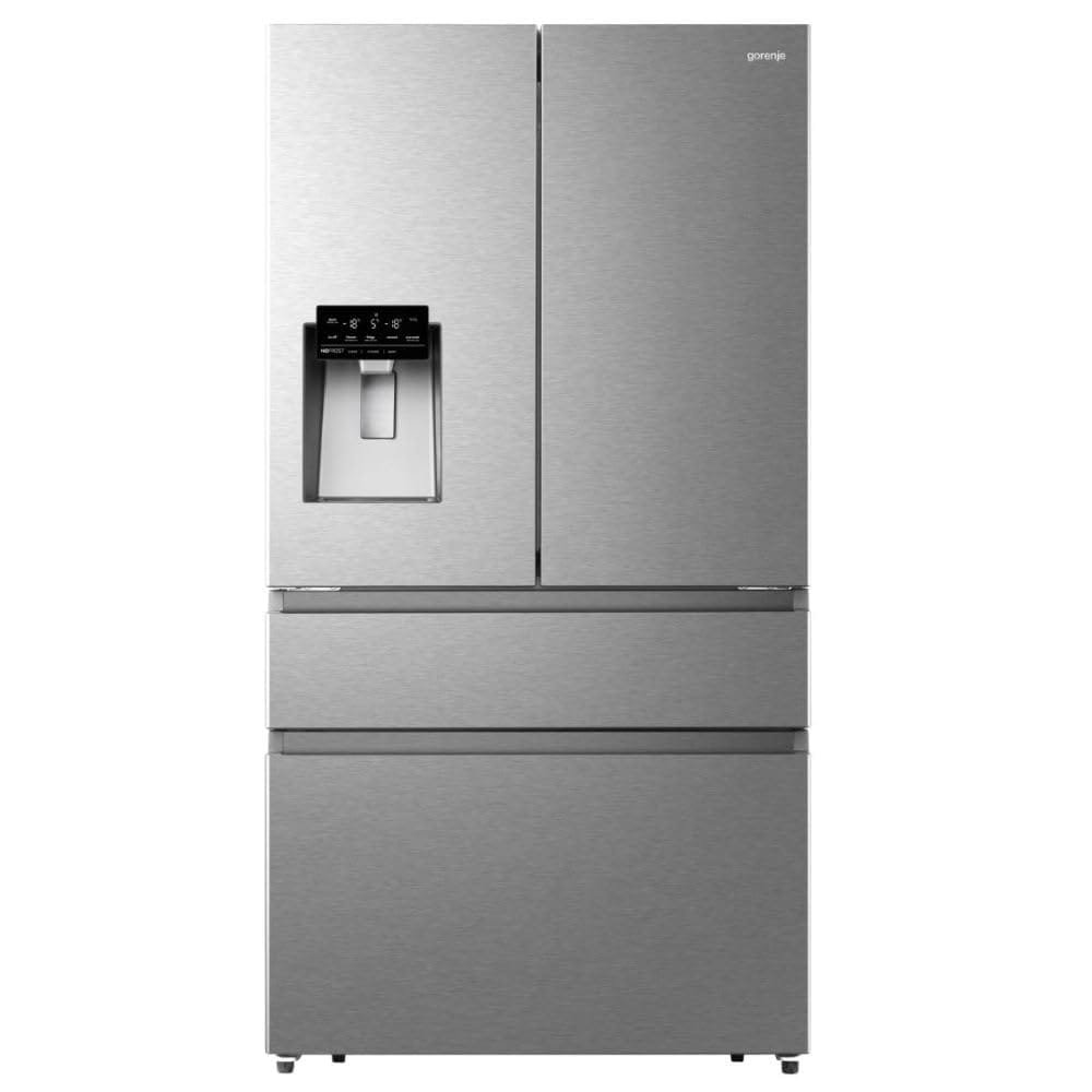 Geladeira Gorenje GRF-49W inox com portas francesas inversas em cozinha moderna