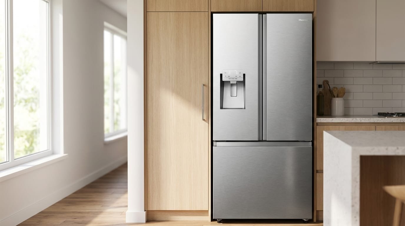 Geladeira Hisense RF-79W French Door inox em cozinha moderna com dispensers visíveis