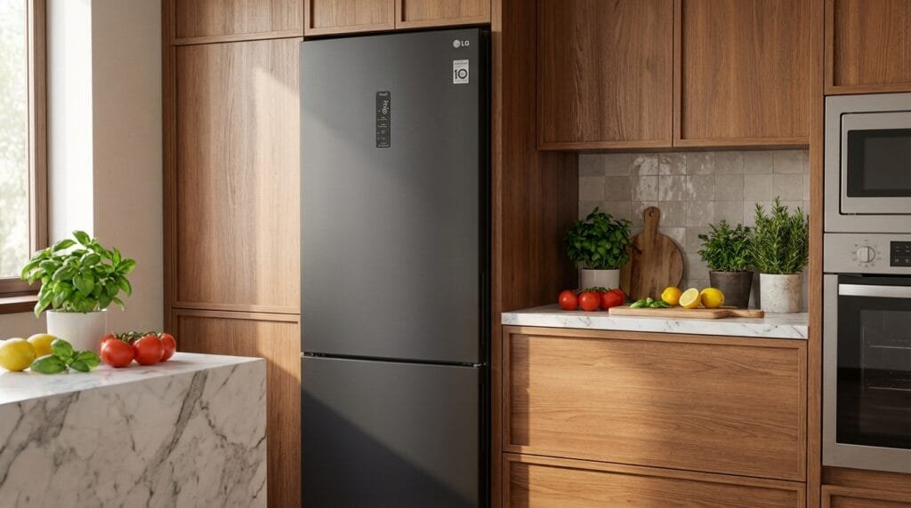 Geladeira LG GC-B569NQL em cozinha moderna com acabamento black inox