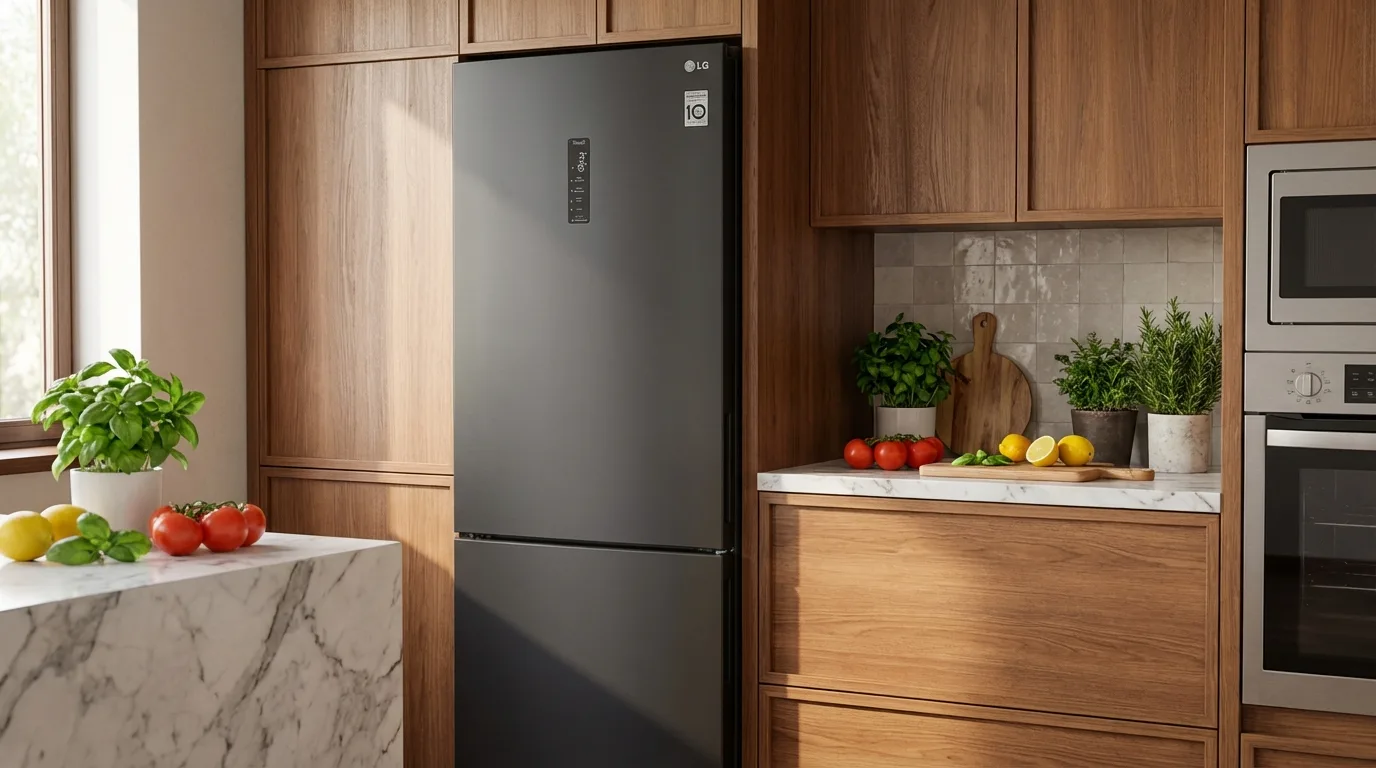 Geladeira LG GC-B569NQL em cozinha moderna com acabamento black inox