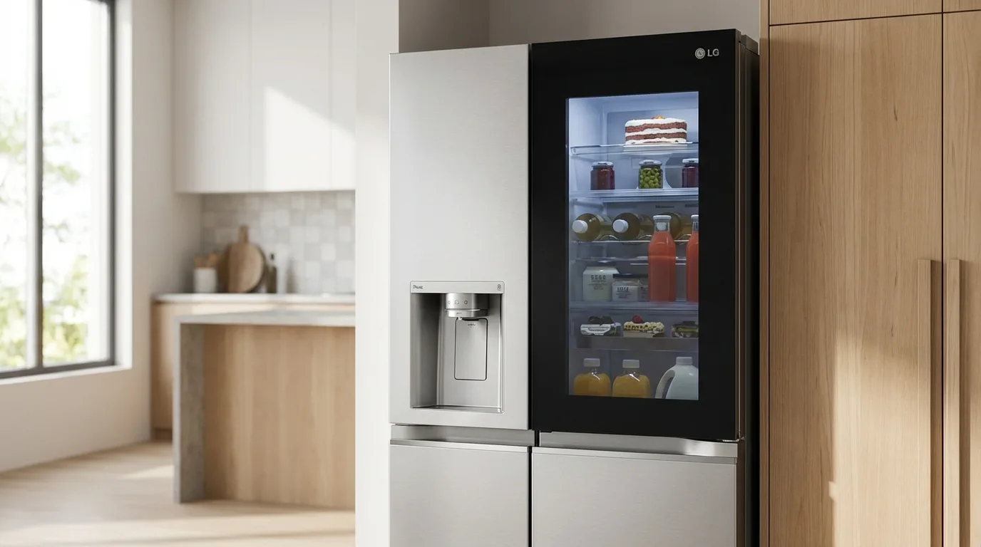 Geladeira LG GC-X257CSH1 side by side em cozinha moderna com dispensadores visíveis