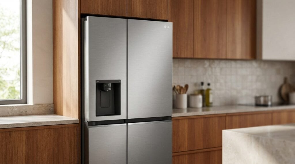 Geladeira LG L257SLPL UVnano 611L side by side em cozinha moderna com portas fechadas