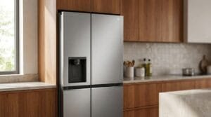 Geladeira LG L257SLPL UVnano 611L side by side em cozinha moderna com portas fechadas