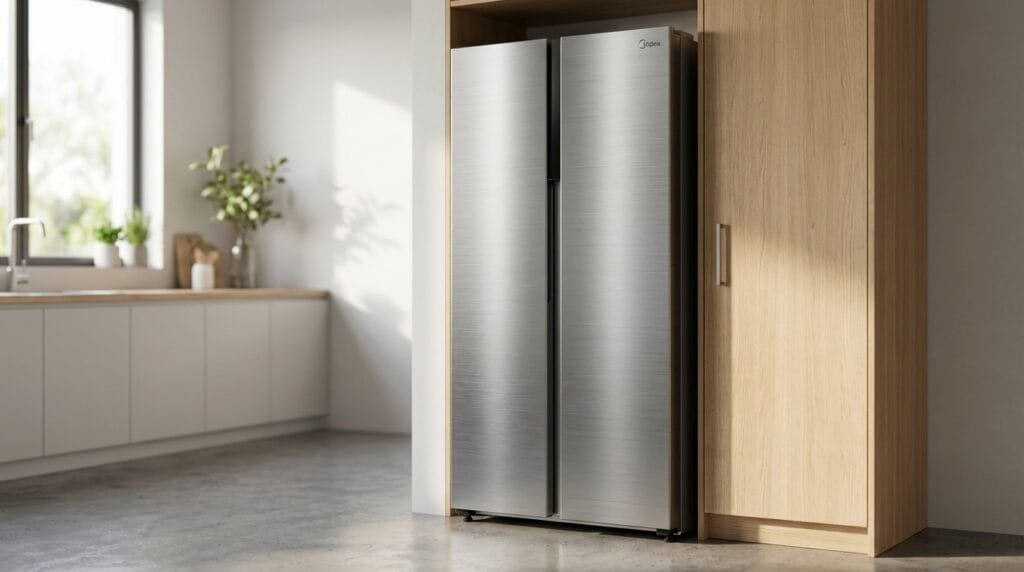 Geladeira Midea MD-RS598FGA side by side inox em cozinha moderna com portas fechadas