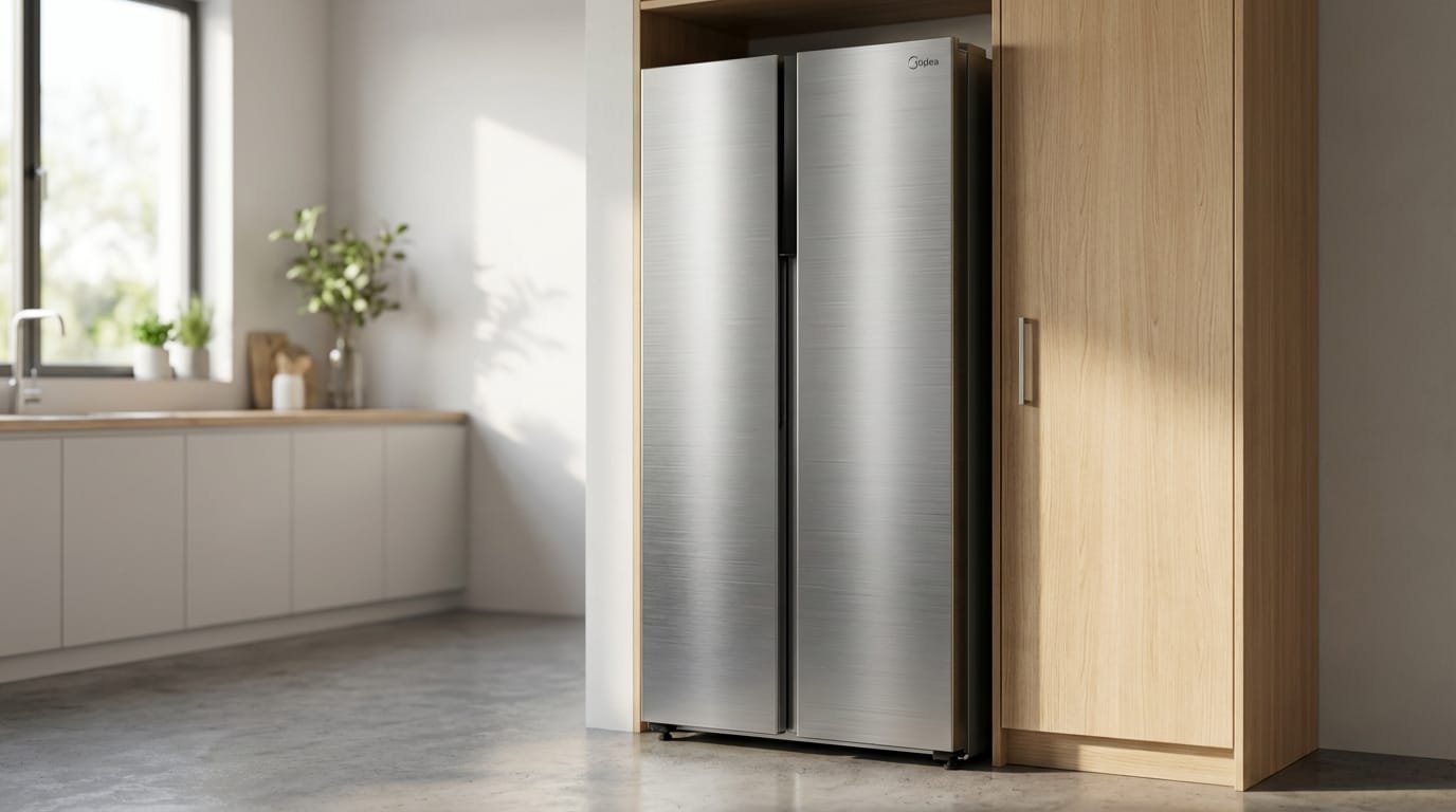 Geladeira Midea MD-RS598FGA side by side inox em cozinha moderna com portas fechadas