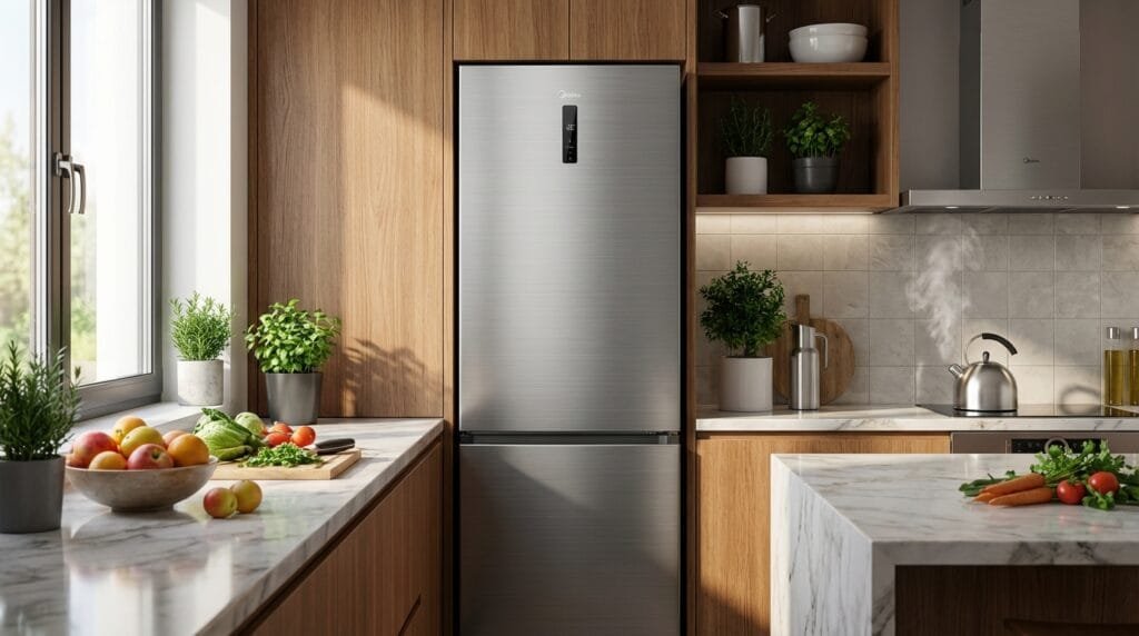 Geladeira Midea MDRB593FGD463 frost free inverse inox em cozinha moderna