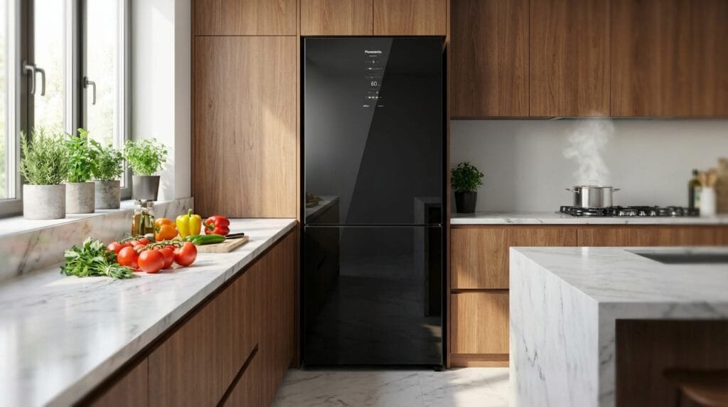Geladeira Panasonic BB65 black glass inverse em cozinha moderna com portas fechadas
