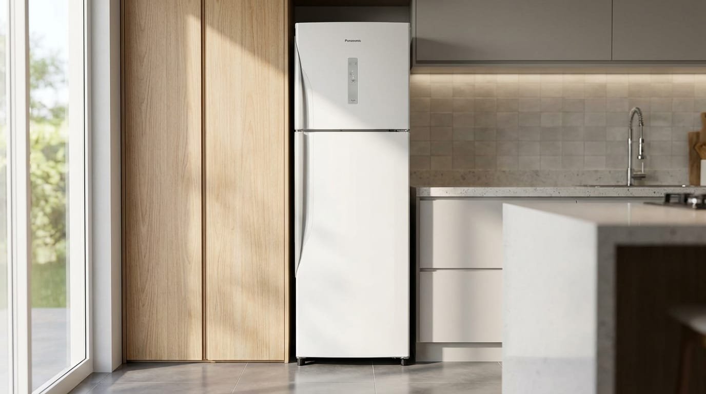 Geladeira Panasonic NR-BT41PD1WA frost free branco em cozinha moderna ao lado do armário
