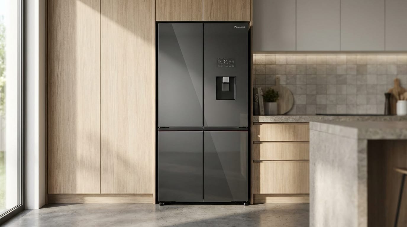 Geladeira Panasonic NR-DB99GVWBA em cozinha moderna com portas French Door Dark Glass