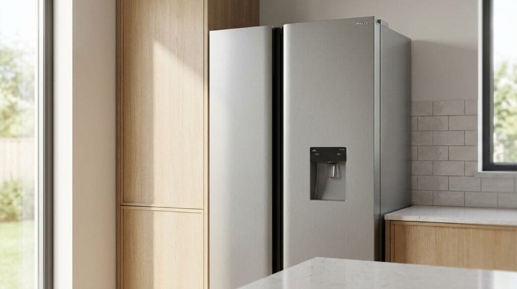 Geladeira Philco PRF504ID side by side cinza em cozinha moderna com dispenser visível
