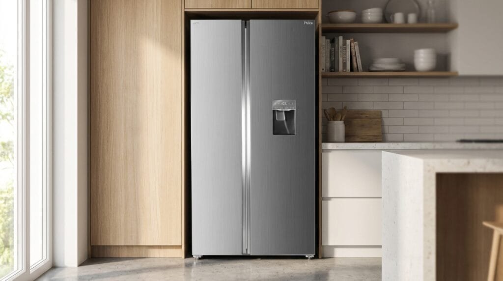 Geladeira Philco PRF535ID side by side inox em cozinha moderna ao lado do armário