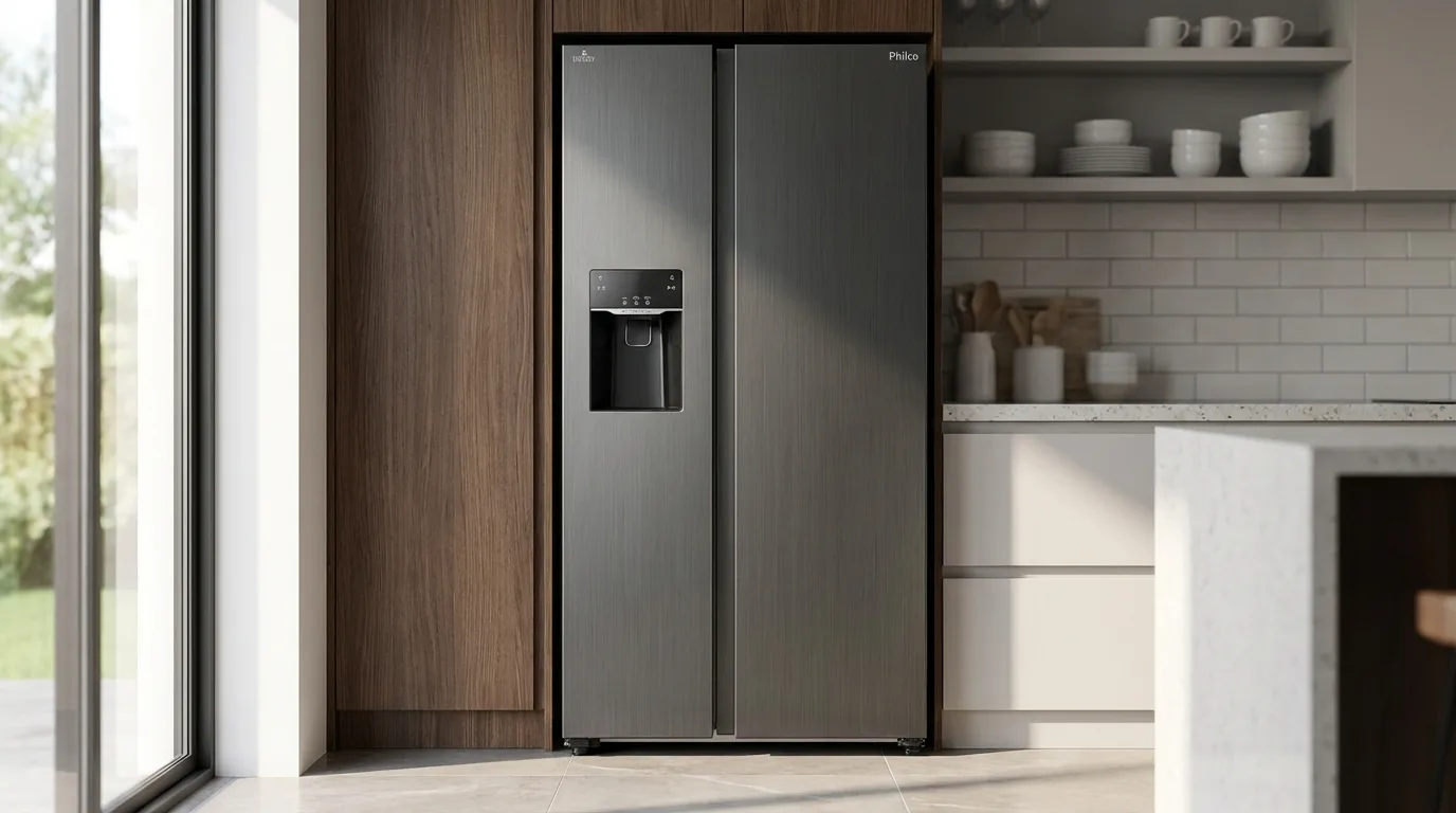 Geladeira Philco PRF613ID side by side inox em cozinha moderna ao lado do armário