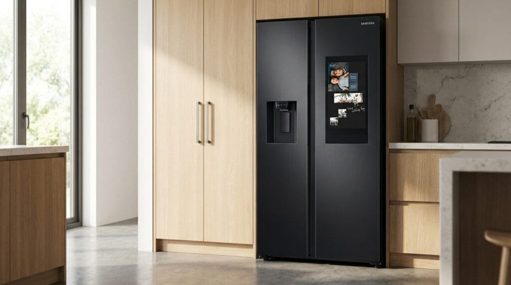 Geladeira Samsung Family Hub RS58T5561B1 em cozinha moderna com portas fechadas e dispenser visível
