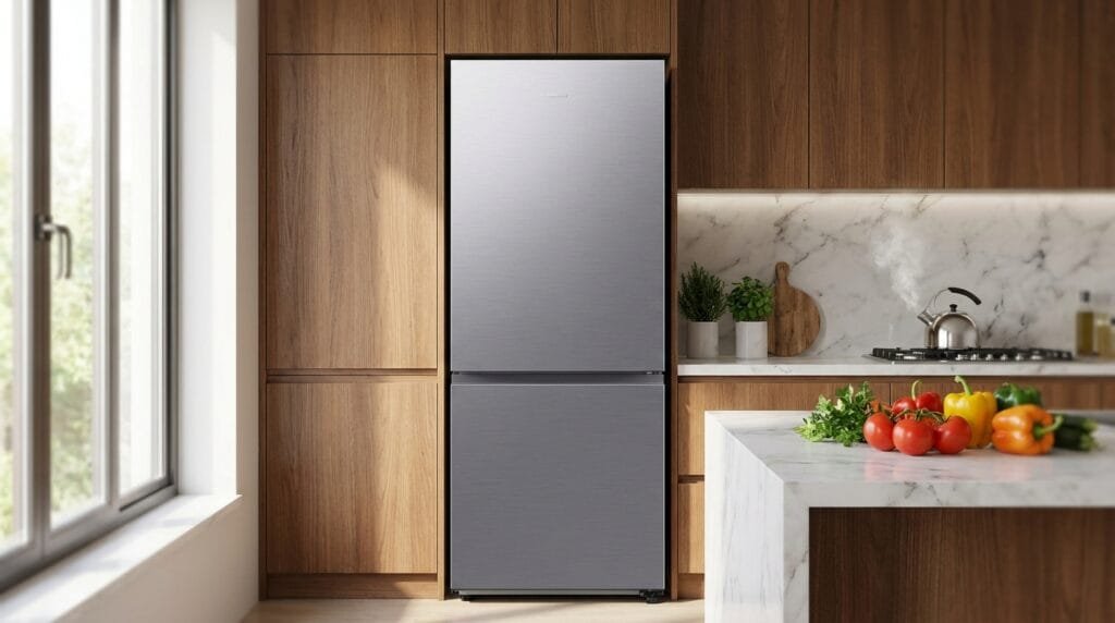 Geladeira Samsung RB50 Inox em cozinha moderna inox brilhante portas fechadas
