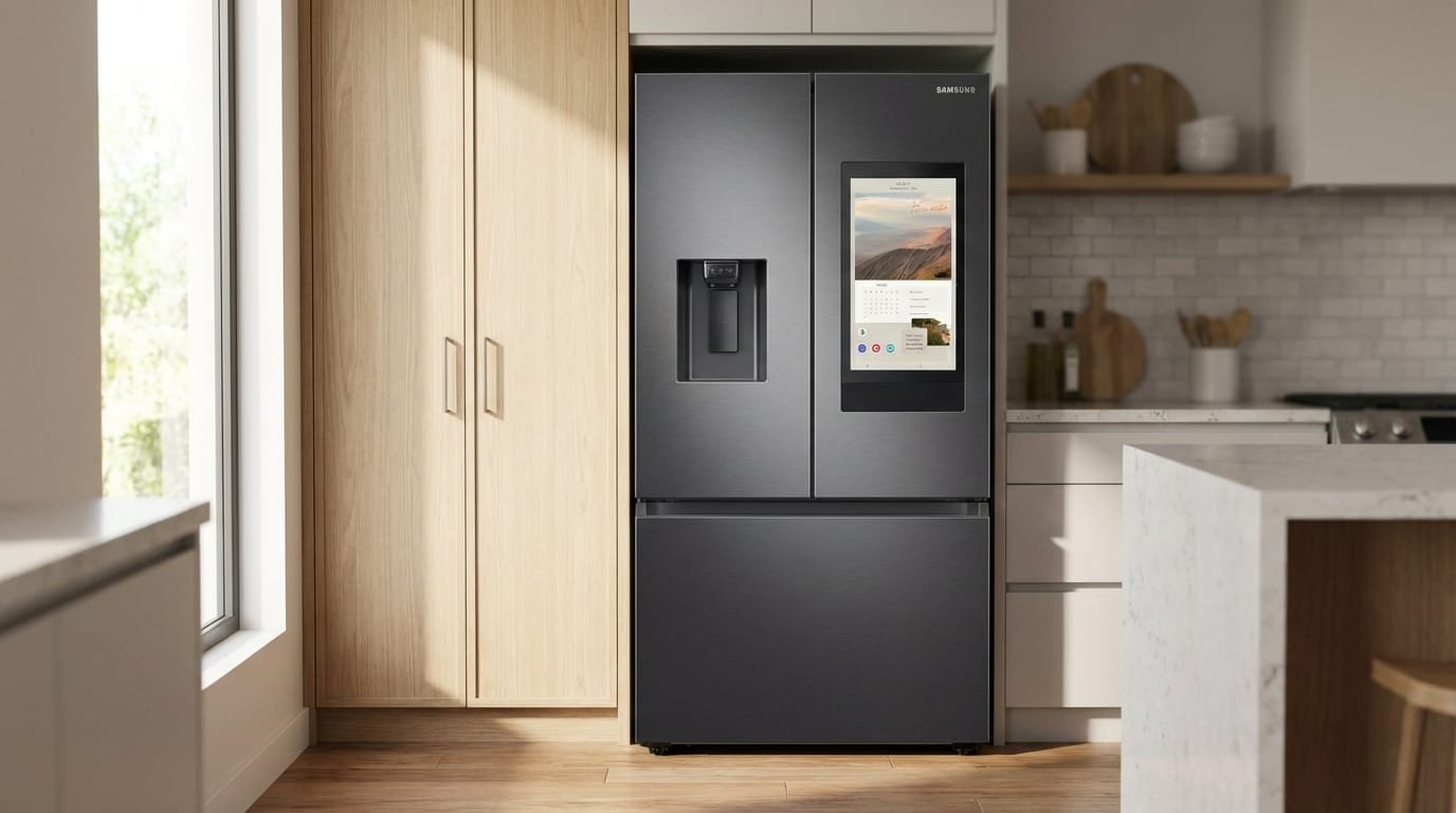 Geladeira Samsung RF27 em cozinha moderna com portas French Door fechadas