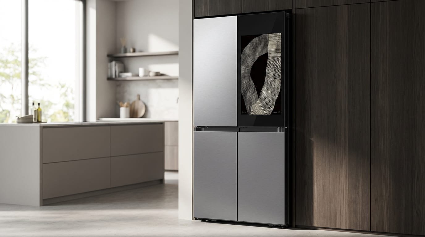 Geladeira Samsung RF29D inox 4 portas em cozinha moderna com portas French Door fechadas
