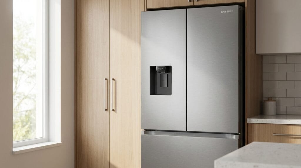 Geladeira Samsung RF49A5202 em cozinha moderna com portas French Door inox