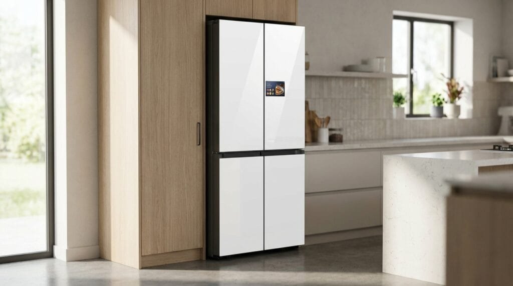 Geladeira Samsung RM90F em cozinha moderna com portas French Door Clean White