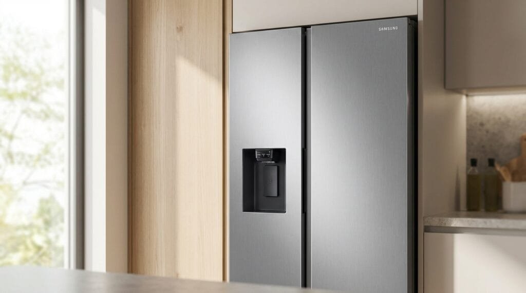 Geladeira Samsung RS60T Side by Side inox look em cozinha moderna com dispensadores visíveis
