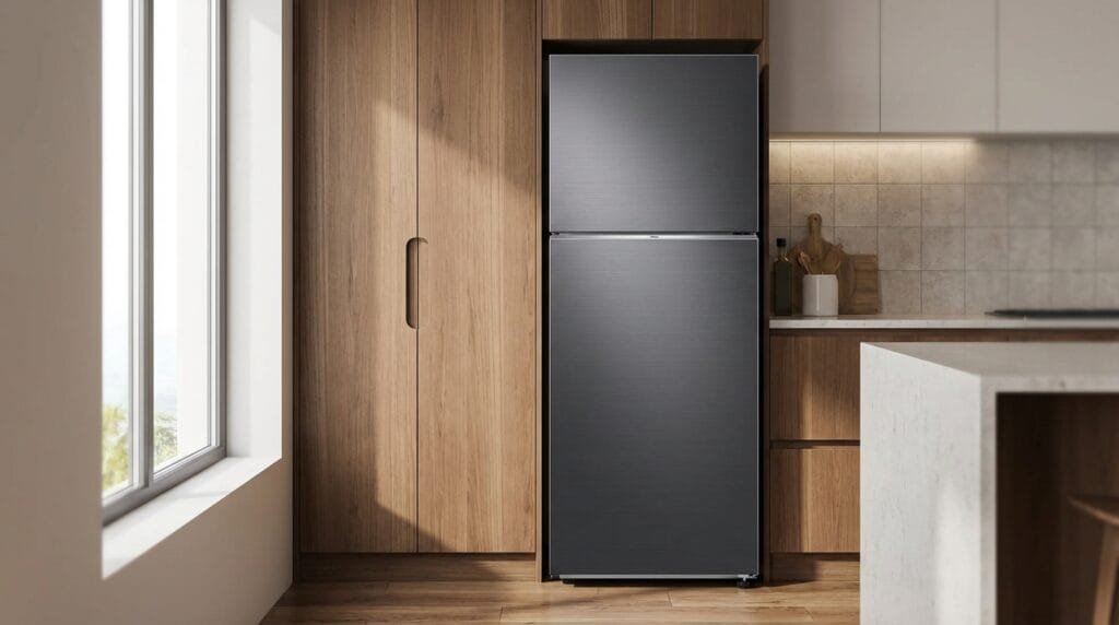 Geladeira Samsung RT38 em cozinha moderna com portas fechadas e acabamento Black Inox